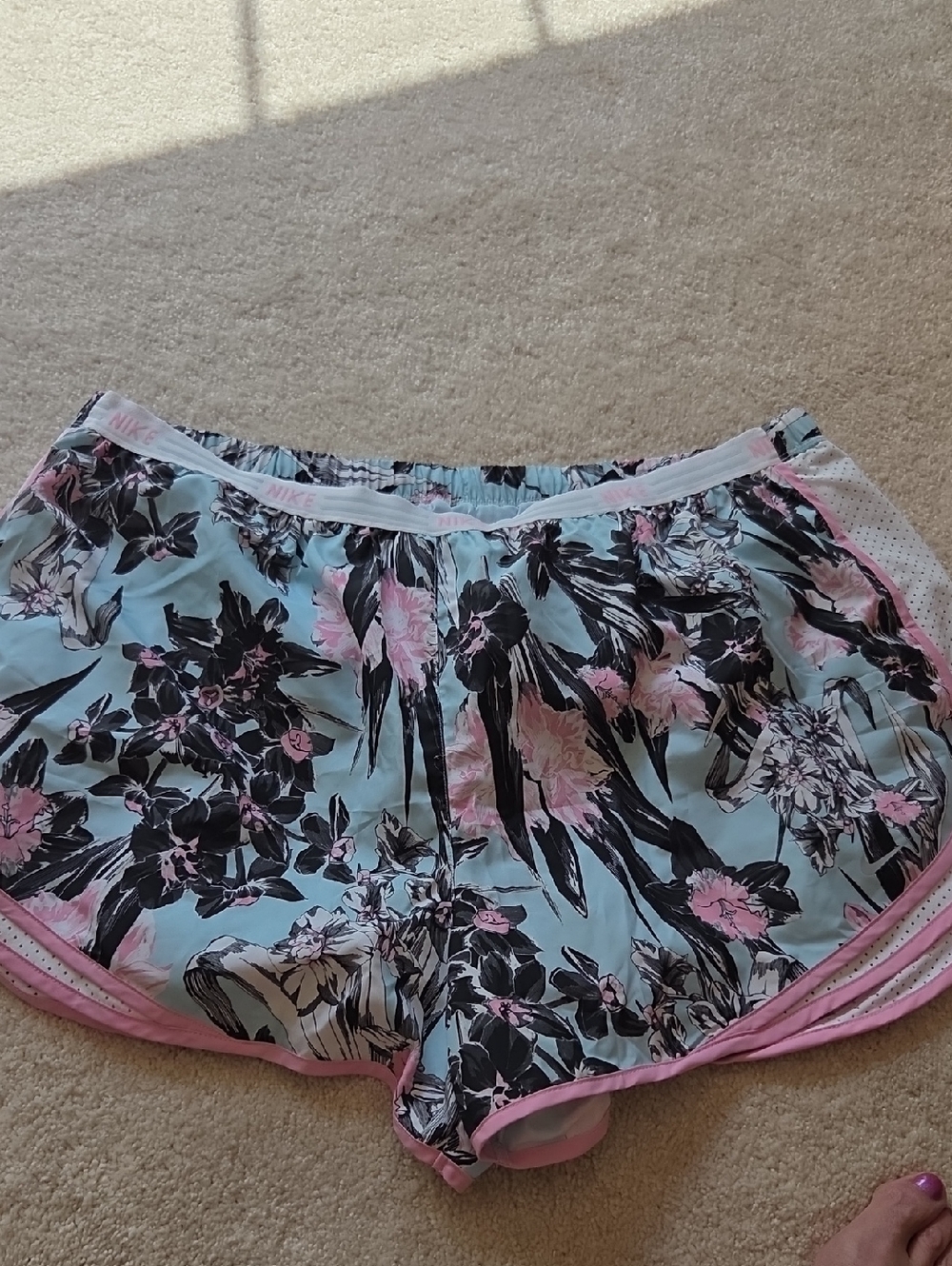 Nike Light Blue Floral Running Shorts with Pink Trim